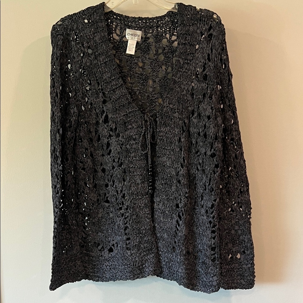 Chico's - 2, Elegant Black/Charcoal Open-Knit Cardigan, Crochet